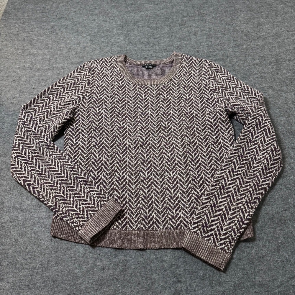 Theory Women Purple Brown‎ Chevron Zigzag 100% Wool Crewneck Sweater Large
